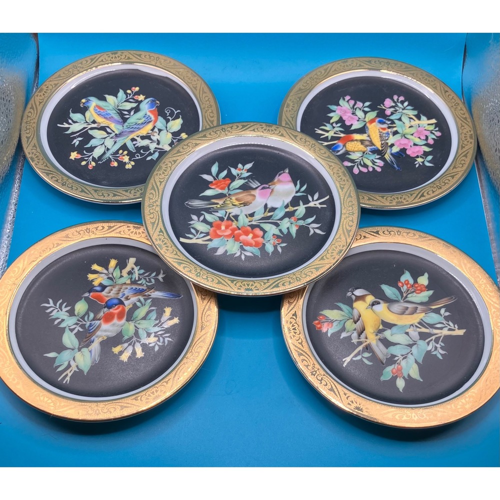 Vintage Japanese Porcelain Bird Plates Set 5 Small Black Gold Gilt Trim 4.75"